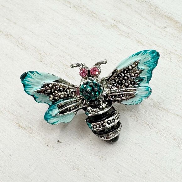 Bee Pin Blue White Enamel Rhinestone Small Bug Insect Brooch Lapel Pin - Picture 1 of 4